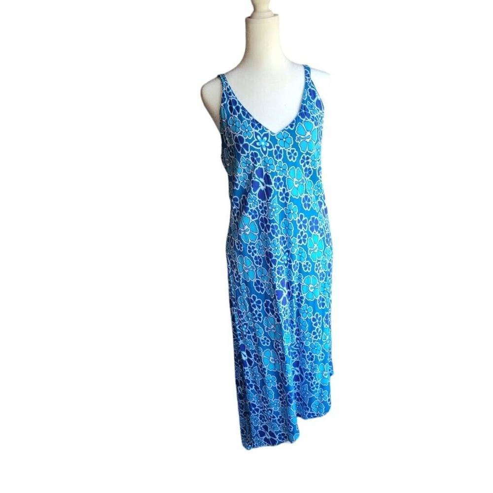 Bahama Mama Sunwear Spaghetti Strap, V-Neck, Blue Floral, Midi Sundress Size XL